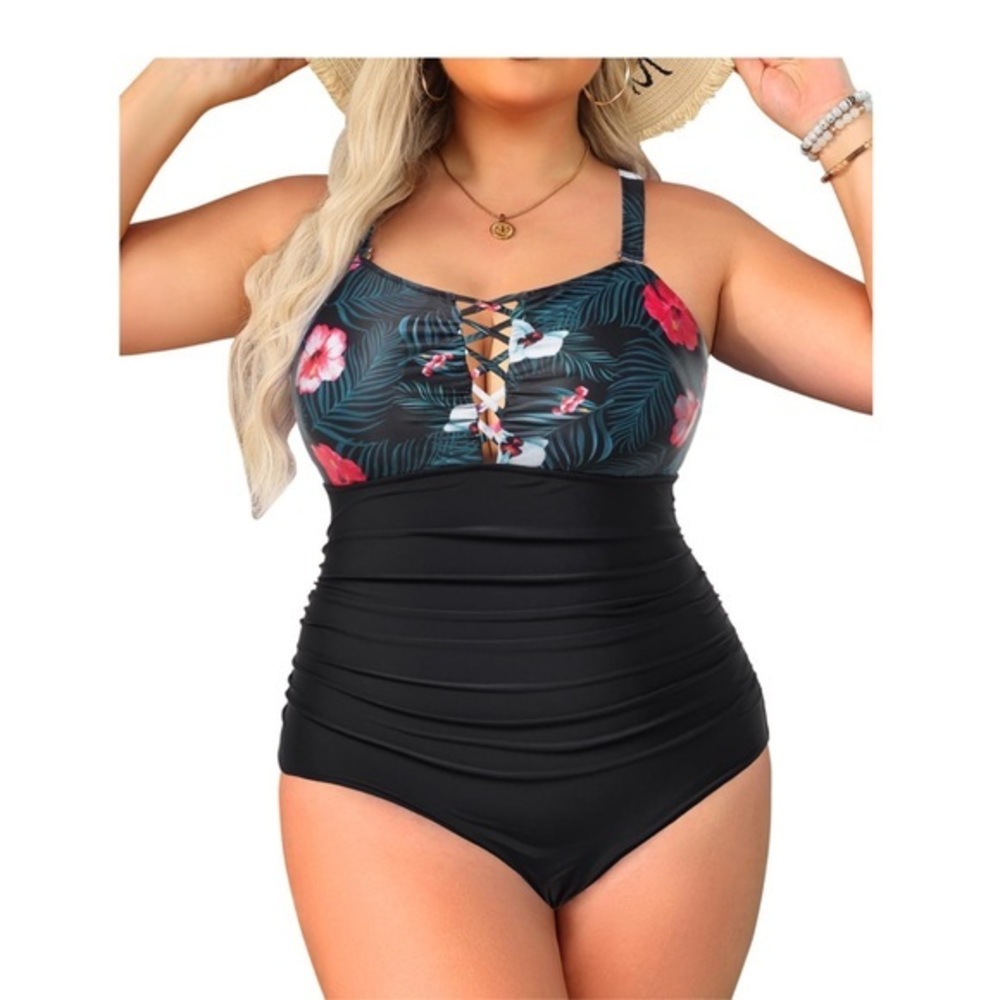 HANNA NIKOLE One Piece Deep V Neck Tummy Control Bathing Suits Lace Up size 24W